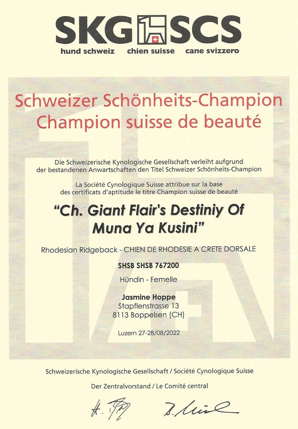 Schweizer Schönheits Champion für Giant Flair's Of Muna Ya Kusini